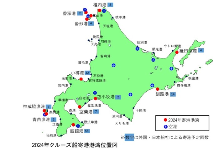 2022年北海道のクルーズ船寄港予定港湾位置図