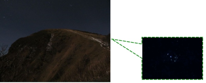 「ボンズ山（通称）とプレアデス星団」の写真