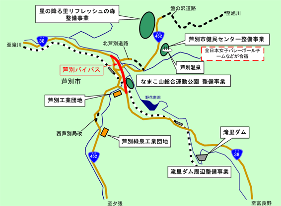 芦別バイパス周辺の各種地域プロジェクトを記した地図