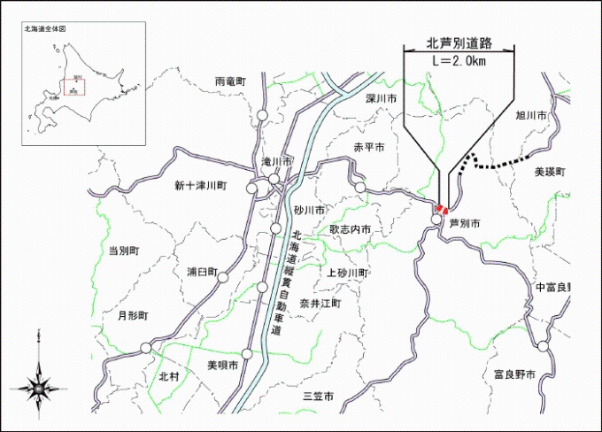 北芦別道路の位置を示した道路地図