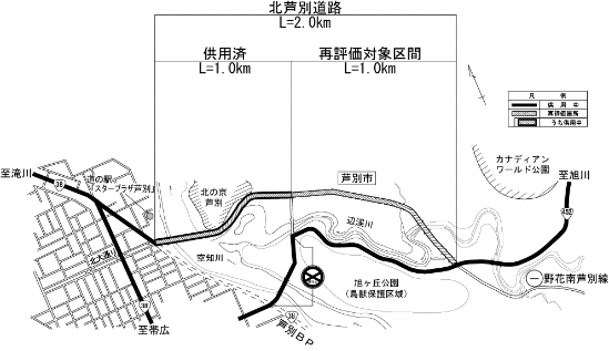 北芦別道路を拡大した図