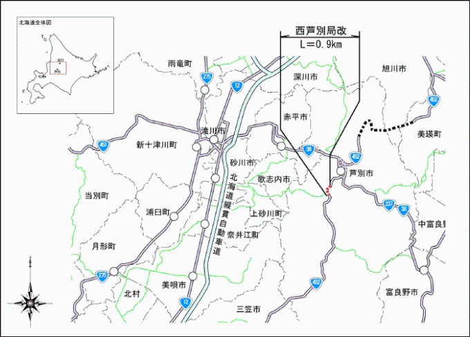 西芦別道路の位置を示した道路地図