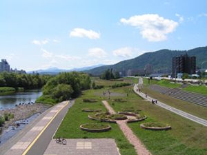 現在の豊平川河川敷とサイクリングロード