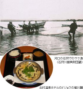 河口の石狩でのサケ漁・北村温泉ホテルのドジョウの柳川膳
