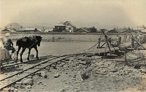 豊平川右岸馬トロによる盛土運搬作業