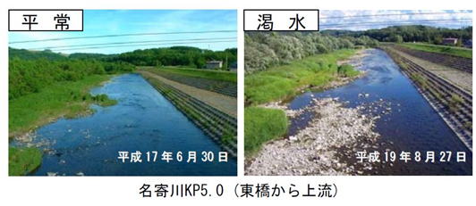名寄川KP5.0（東橋から上流）平常時と渇水時の比較写真