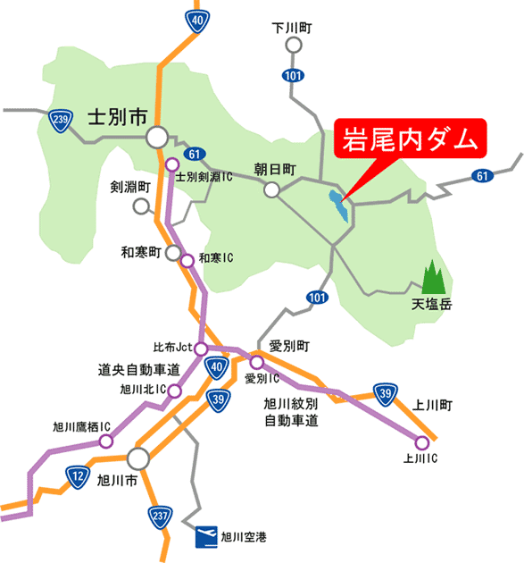 岩尾内ダムへのアクセスマップ