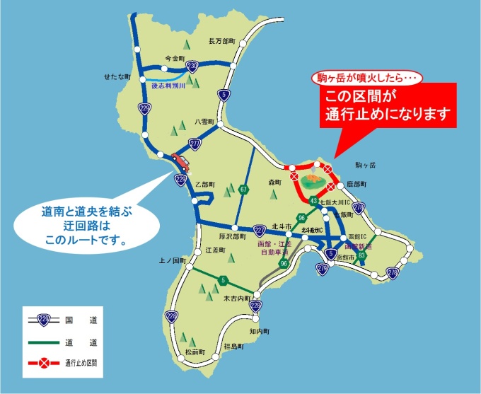 駒ヶ岳の噴火で通行止めとなった場合の迂回路は？