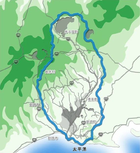 釧路川流域図：釧路川流域界