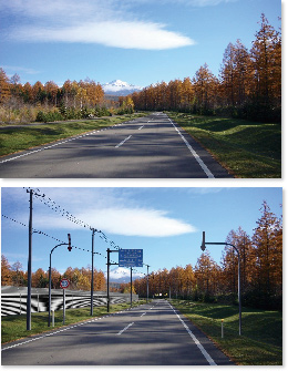 背景が美しい北海道の道路景観(上：実際)を 阻害する道路付属施設(下：フォトモンタージュ)