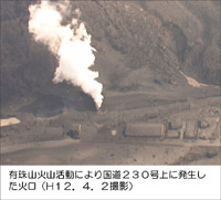 有珠山火山活動により国道230号上に発生した火口（H12.4.2撮影）