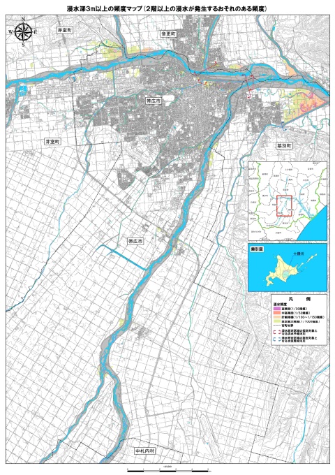 浸水深3メートル以上の頻度マップ（2階以上の浸水が発生するおそれのある頻度）