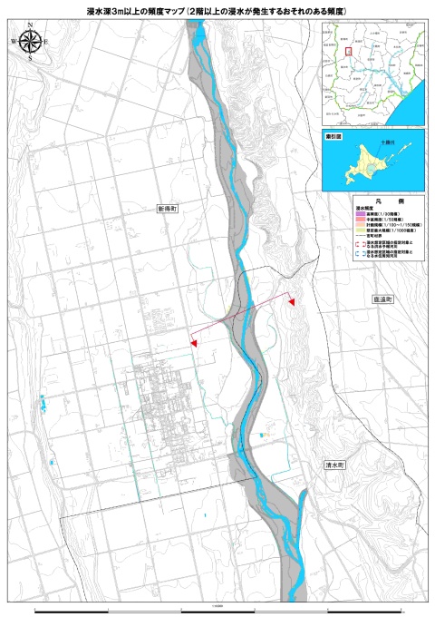 浸水深3メートル以上の頻度マップ（2階以上の浸水が発生するおそれのある頻度）