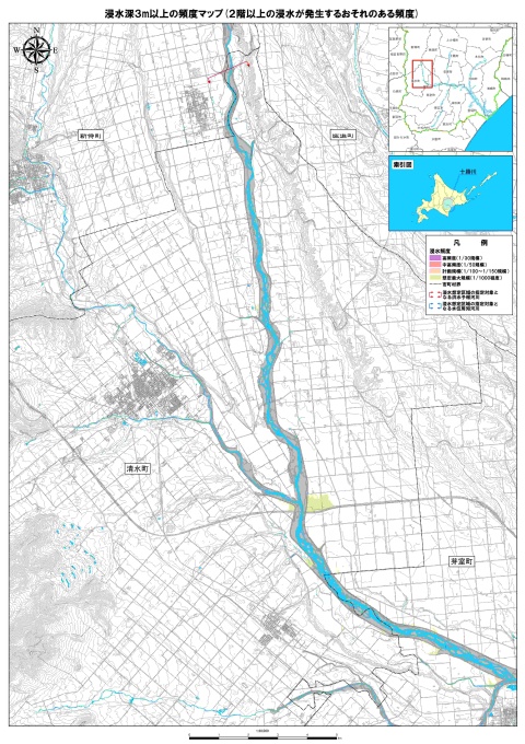 浸水深3メートル以上の頻度マップ（2階以上の浸水が発生するおそれのある頻度）
