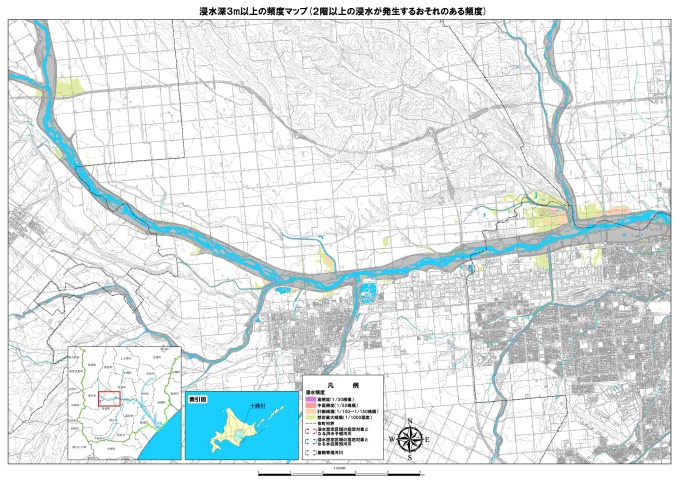 浸水深3メートル以上の頻度マップ（2階以上の浸水が発生するおそれのある頻度）