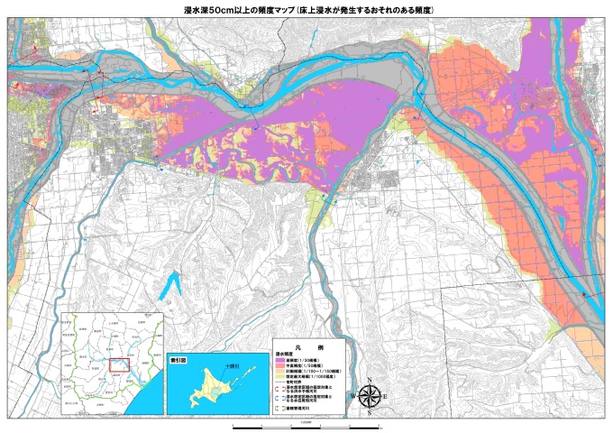 浸水深50センチメートル以上の頻度マップ（床上浸水が発生するおそれのある頻度）