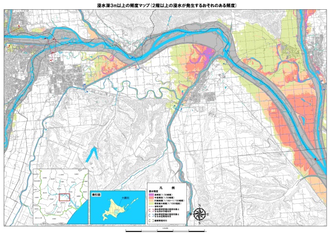 浸水深3メートル以上の頻度マップ（2階以上の浸水が発生するおそれのある頻度）