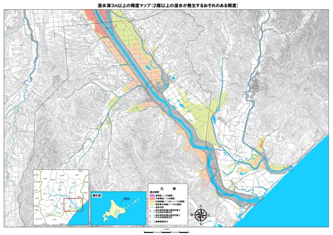 浸水深3メートル以上の頻度マップ（2階以上の浸水が発生するおそれのある頻度）