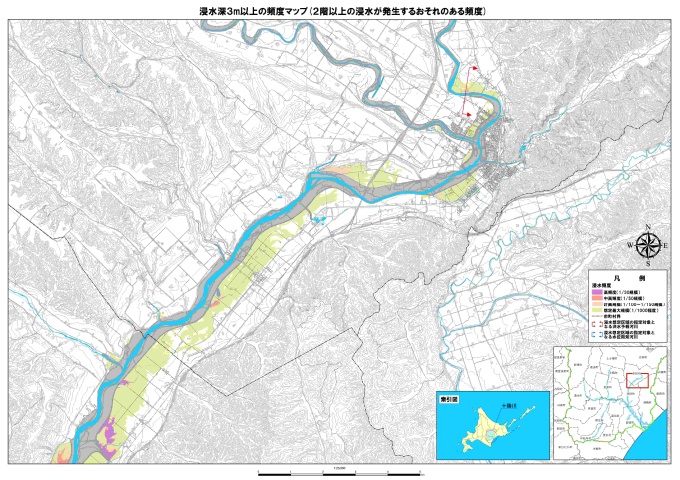 浸水深3メートル以上の頻度マップ（2階以上の浸水が発生するおそれのある頻度）