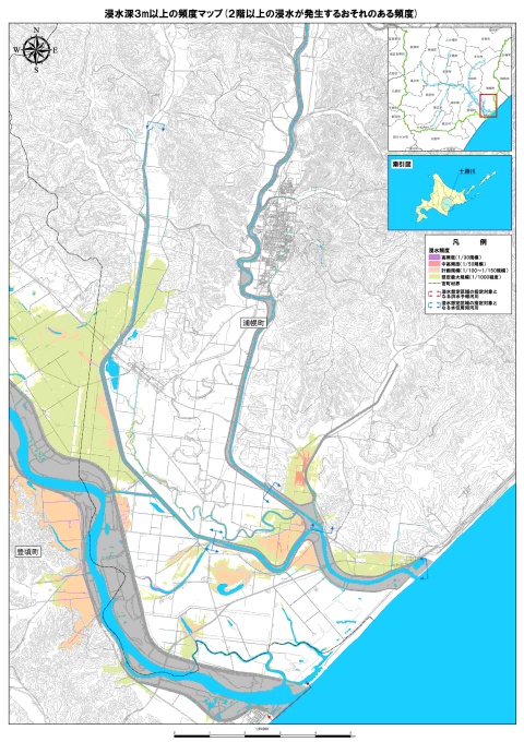 浸水深3メートル以上の頻度マップ（2階以上の浸水が発生するおそれのある頻度）