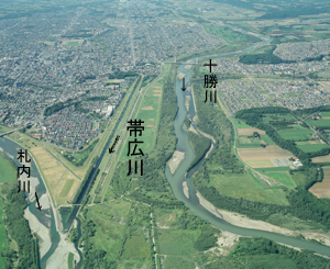 十勝川・札内川合流点付近の航空写真