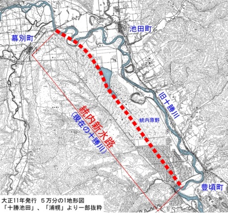 旧十勝川から統内新水路への切り替え　(大正11年の十勝川)