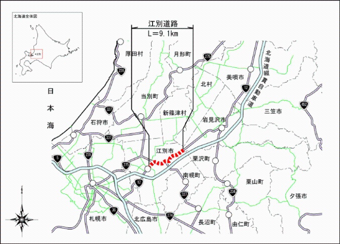 江別道路の位置を示した道路地図