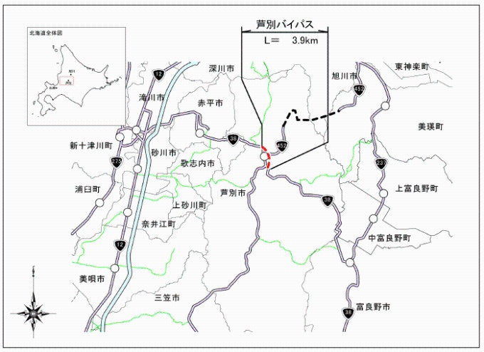 芦別バイパスの位置を示した道路地図