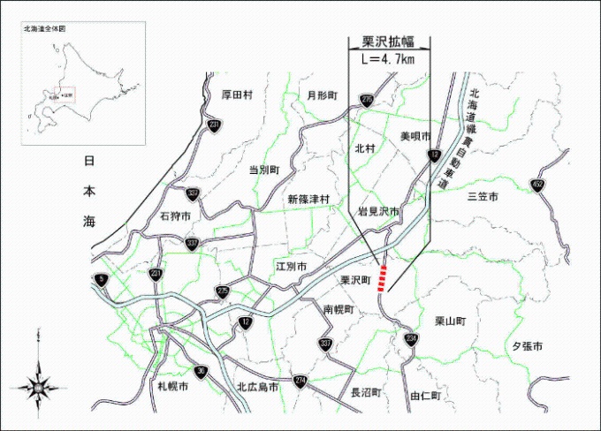 一般国道234号栗沢拡幅の位置を示した道路地図