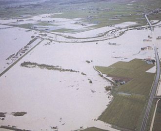 雨竜川と美葉牛川合流点の冠水（「昭和63年8月25日水害写真集」より）