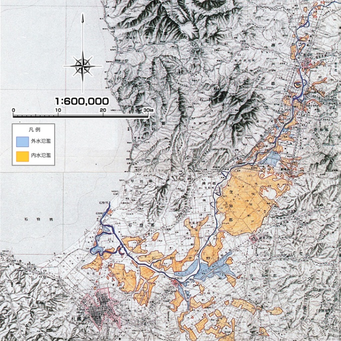 昭和56年　石狩川右岸流域洪水氾濫実績図