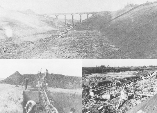 上：幾春別川新水路掘削工事、下：人力掘削とベルトコンベアー運搬