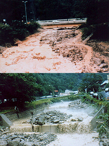 押し寄せる土石流