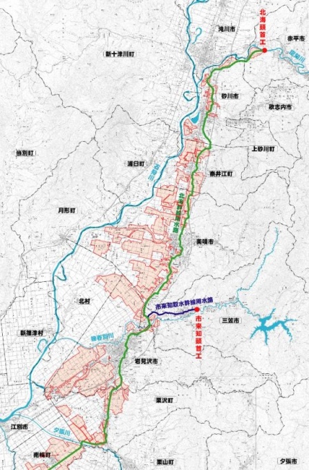 北海頭首工から市来知頭首工までの地図