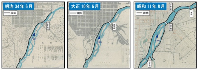明治34年5月、大正10年5月、昭和11年8月の氾濫を示した地図