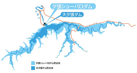 夕張シューパロダムと大夕張ダムのダム湖比較図